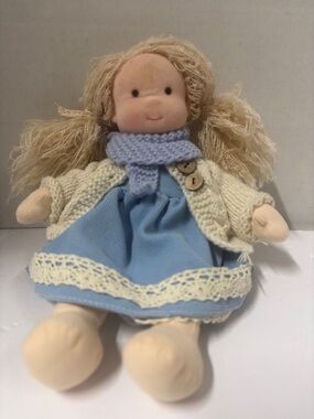 Plush Cloth Doll in Light Blue Dress with Cream Cardigan Bintage